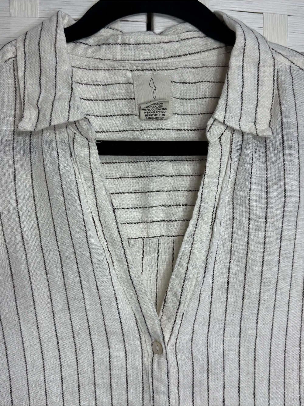 Joie Women’s Large Cream Brown Striped Linen Top Button Roll Up Sleeve - Picture 4 of 9